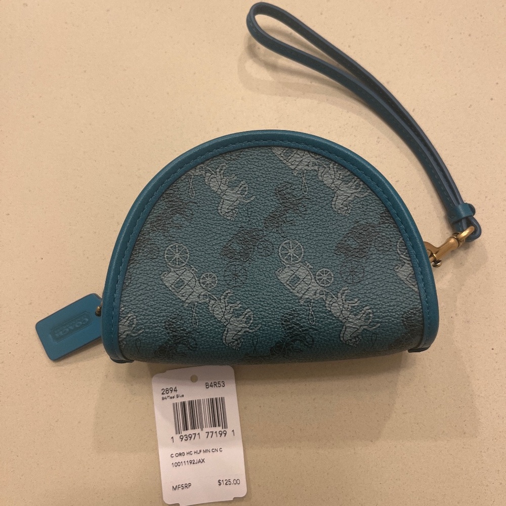 Coach Teal Blue Horse and Carriage Half Moon Coin Crossbody Purse